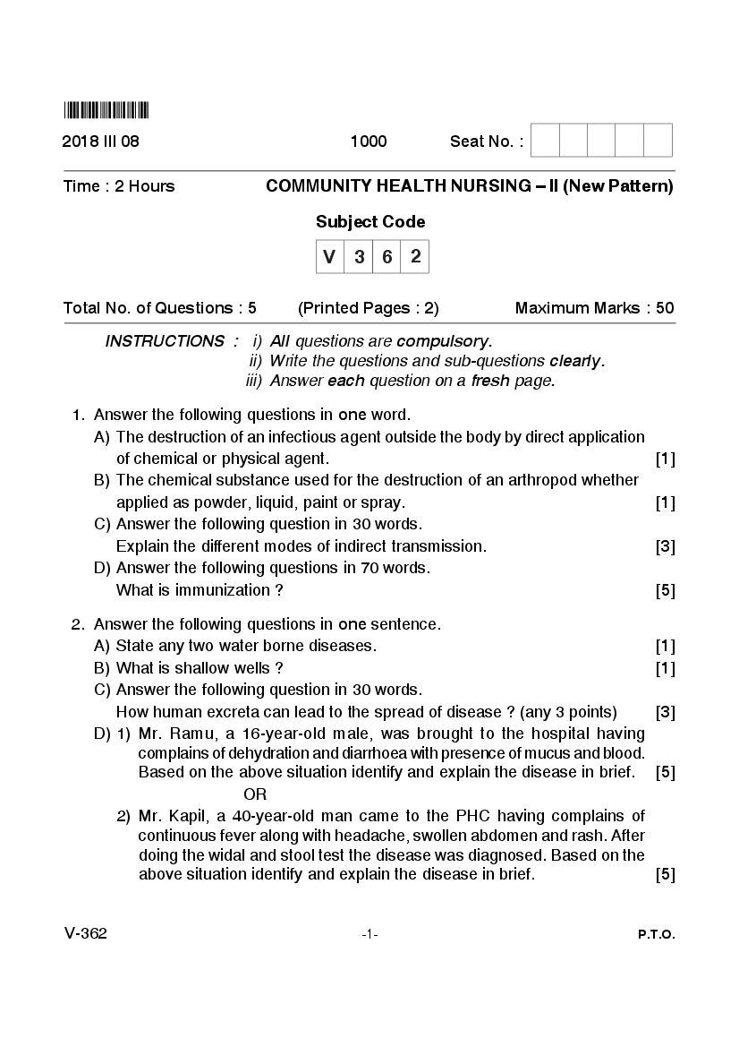 Goa Board Class 12 Question Paper Mar 2018 Community Health Nursing II _New Pattern_ - Page 1 of 2