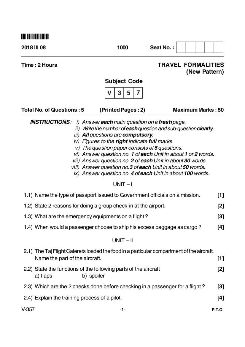 Goa Board Class 12 Question Paper Mar 2018 Travel Formalities _New Pattern_ - Page 1