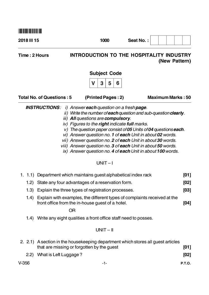 Goa Board Class 12 Question Paper Mar 2018 Introduction To Hospitality Industry _New Pattern_ - Page 1