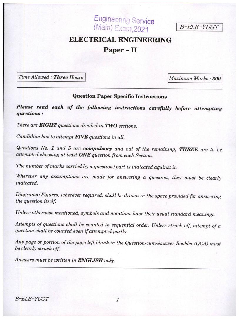 UPSC IES 2021 (Mains) Question Paper for Electrical Engineering Paper II - Page 1
