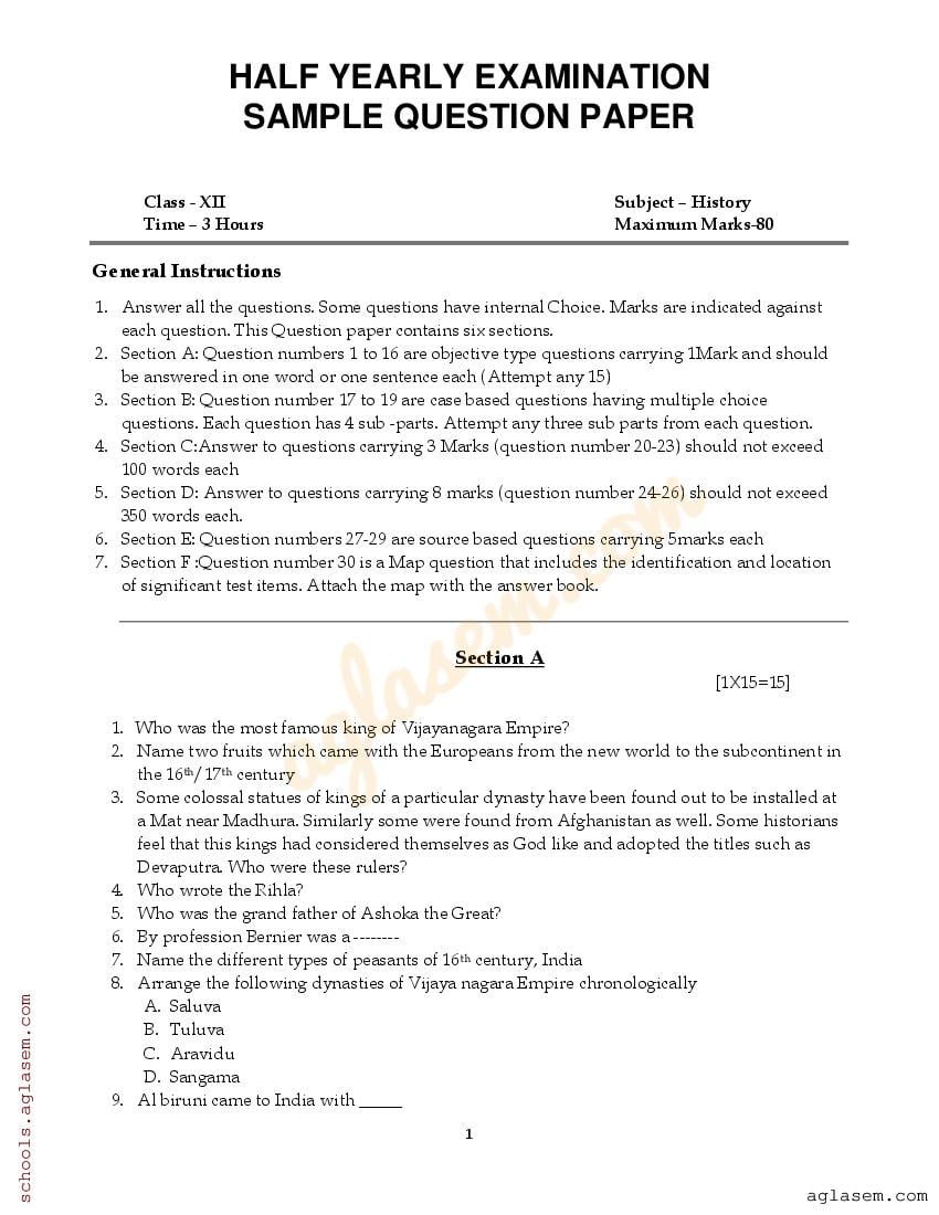 Class 12 History Sample Paper Half Yearly 2024 | 12th History Half ...