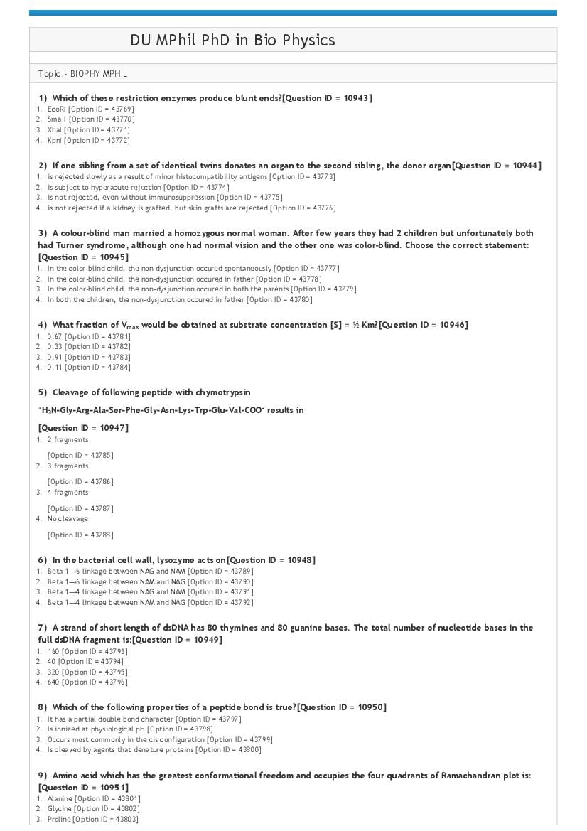 DUET 2021 Question Paper M.Phil Ph.D in Bio Physics - Page 1