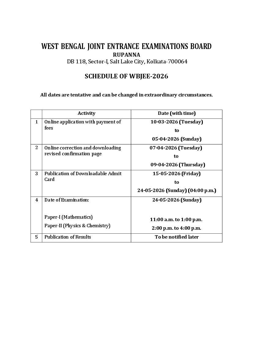 WBJEE 2026 Important Dates - Page 1