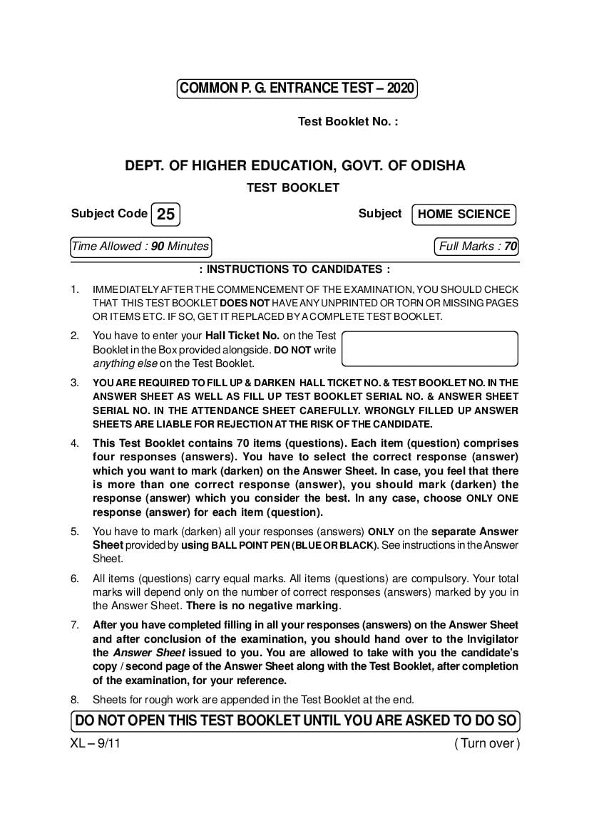 Odisha CPET 2020 Question Paper Home Science - Page 1