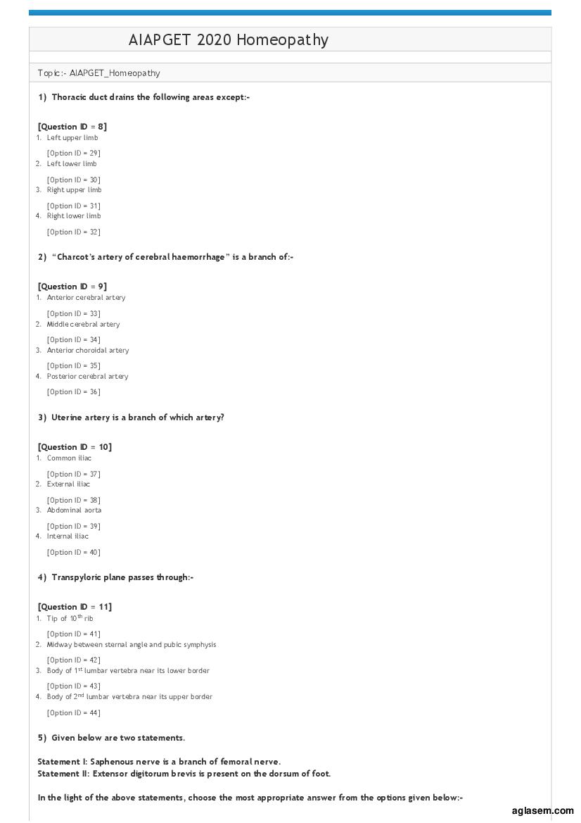 AIAPGET 2020 Question Paper Homeopathy - Page 1