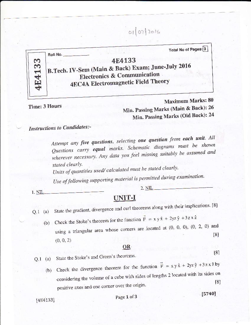 RTU 2016 Question Paper Semester IV Electronics and Communication Engineering Electromagnetic Field Theory - Page 1
