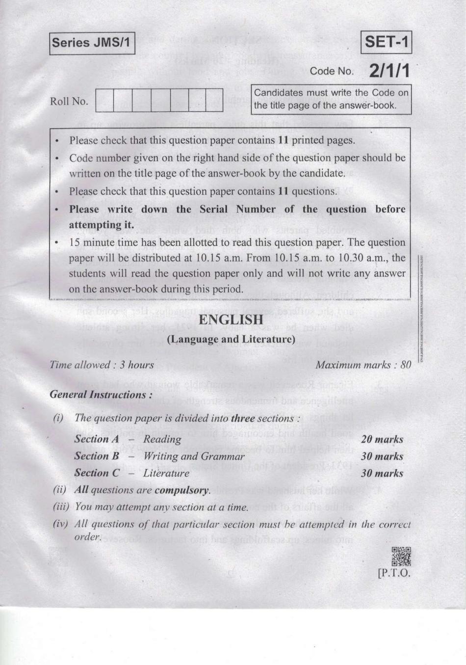 CBSE Class 10 English Language and Literature Question Paper 2019 Set 1 - Page 1