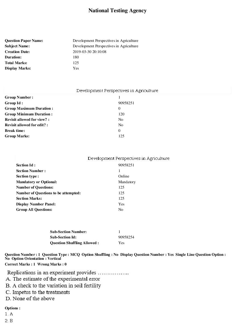 ARPIT 2019 Question Paper for Development Perspectives in Agriculture - Page 1 of 42