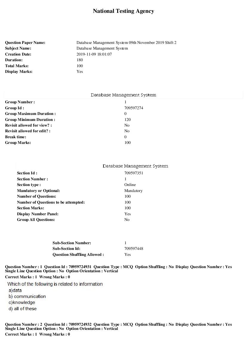 SWAYAM 2019 Question Paper Database Management System Shift 2 - Page 1 of 22