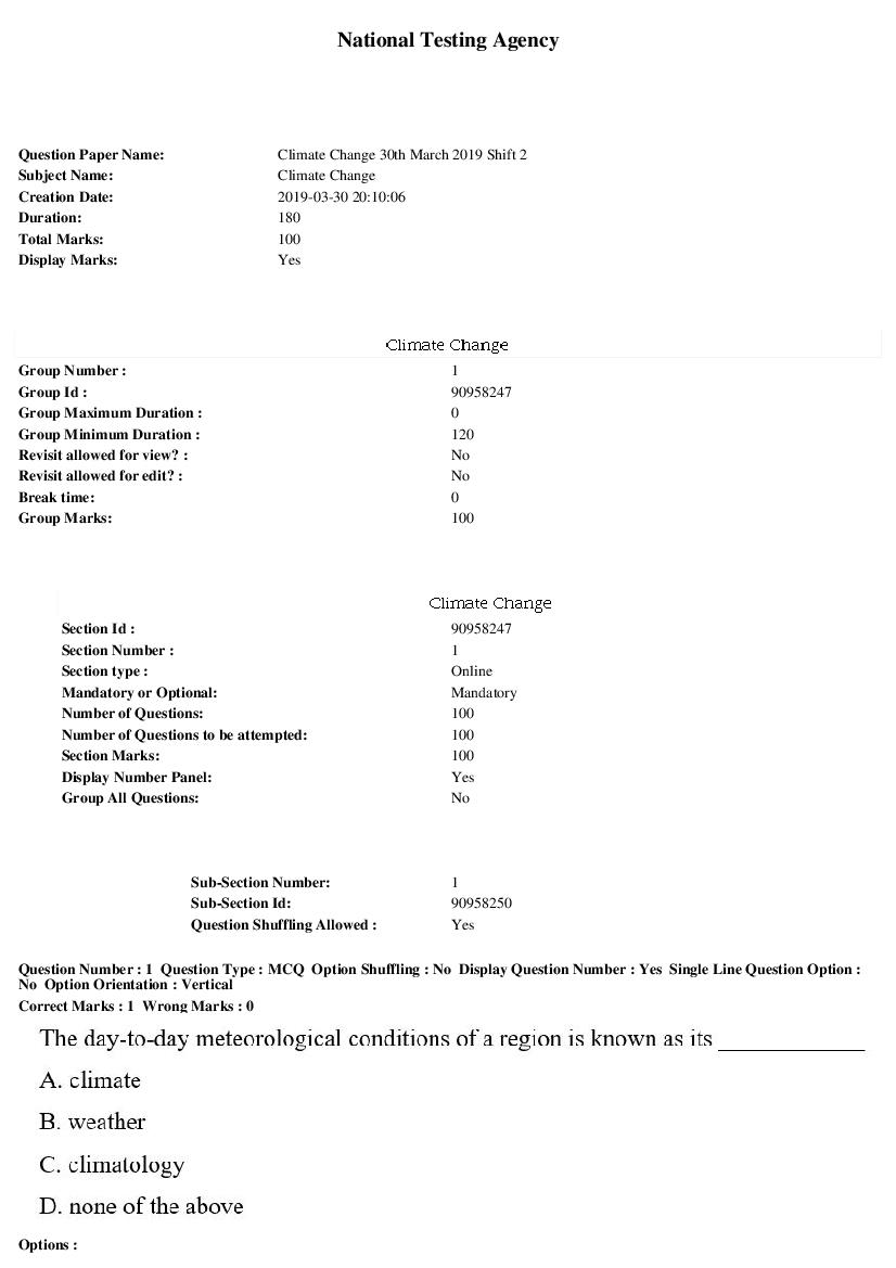 ARPIT 2019 Question Paper for Climate Change Shift 2 - Page 1 of 41