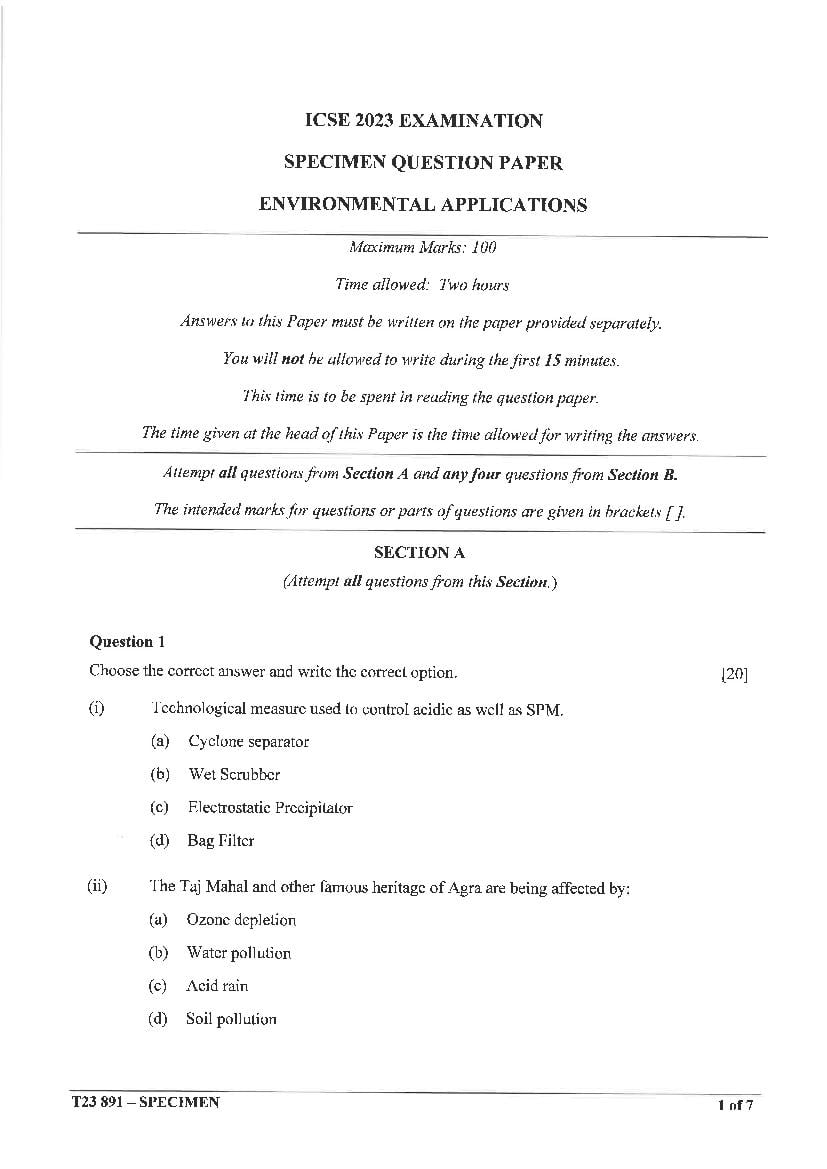 ICSE Class 10 Sample Paper 2023 Environmental Applications - Page 1