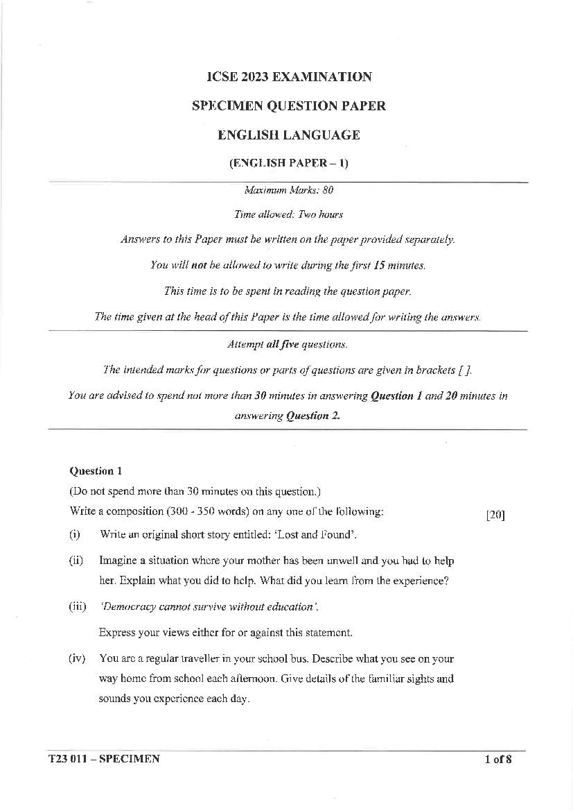 ICSE Class 10 Sample Paper 2023 English Language - Page 1