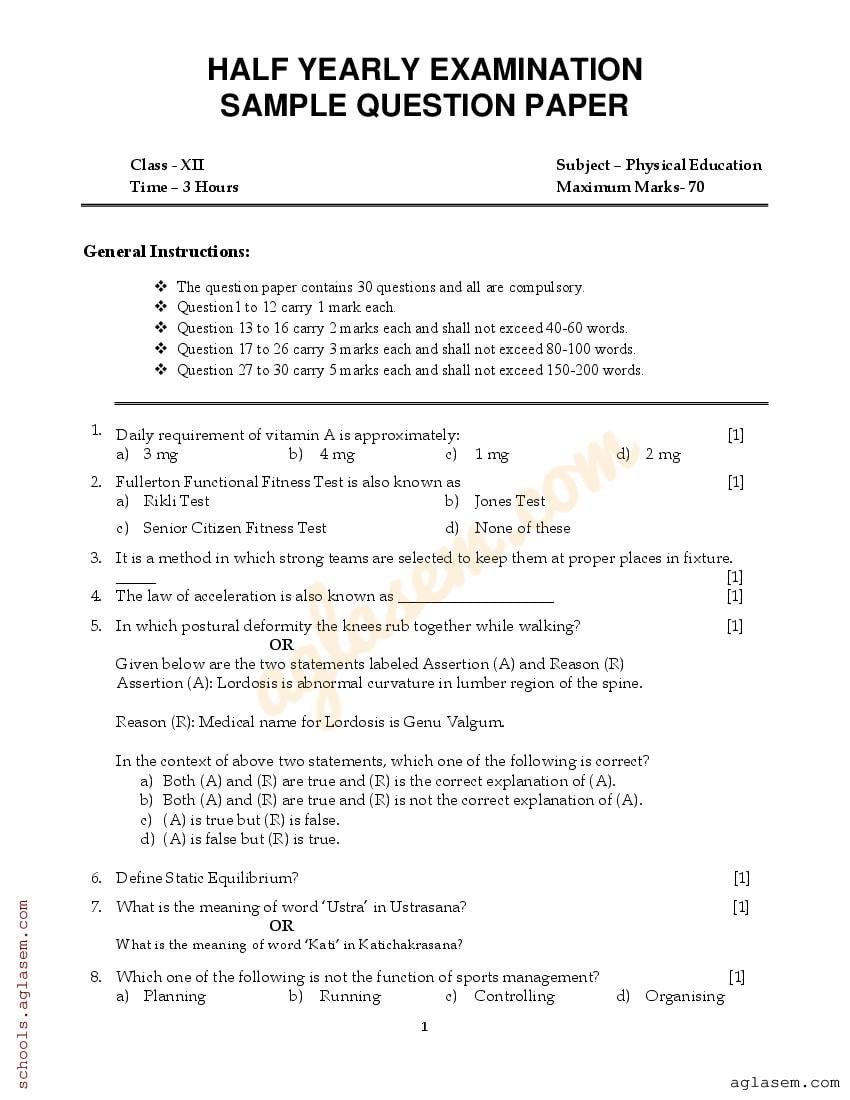 Class 12 Physical Education Sample Paper Half Yearly 2024 | 12th ...