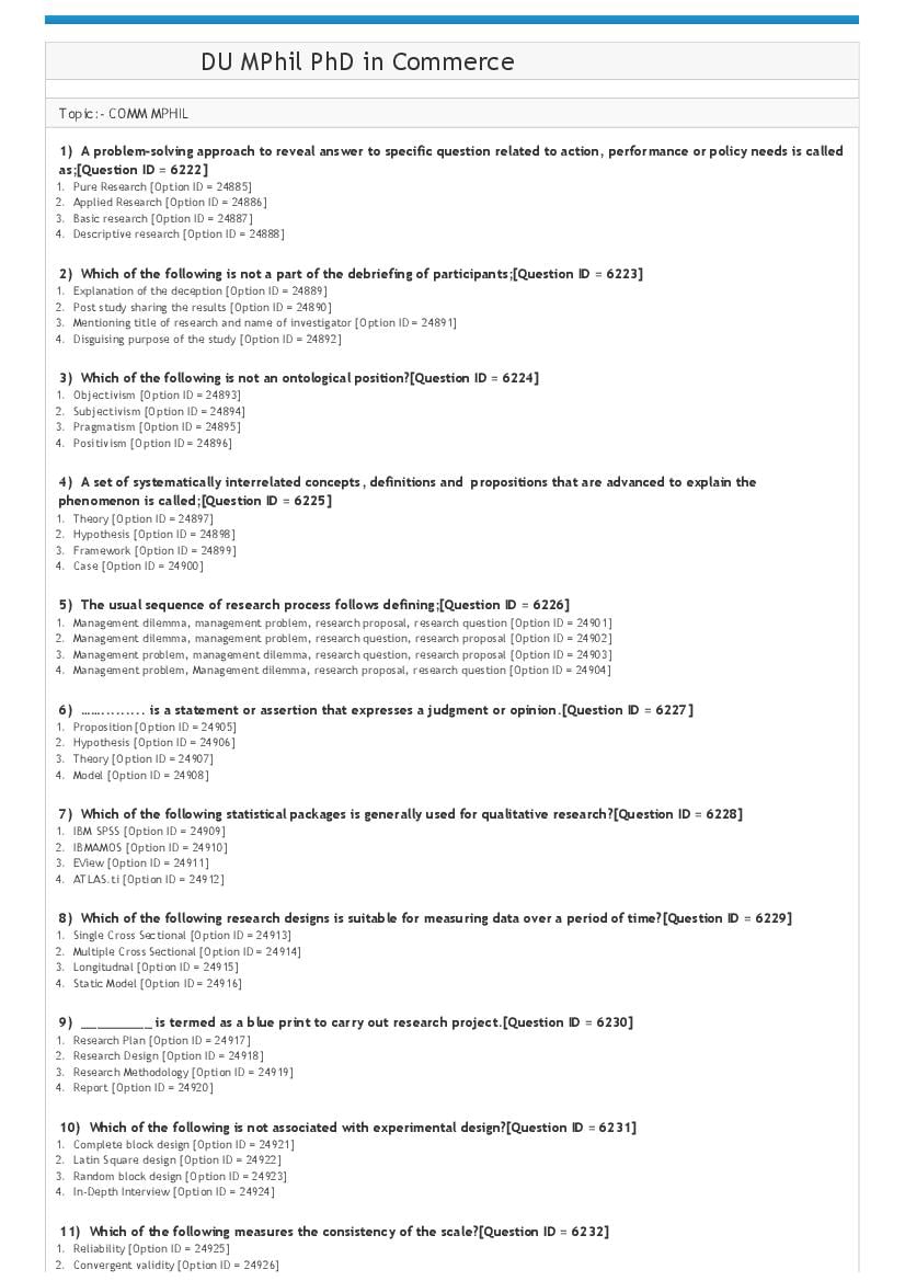 DUET 2021 Question Paper M.Phil Ph.D in Commerce - Page 1