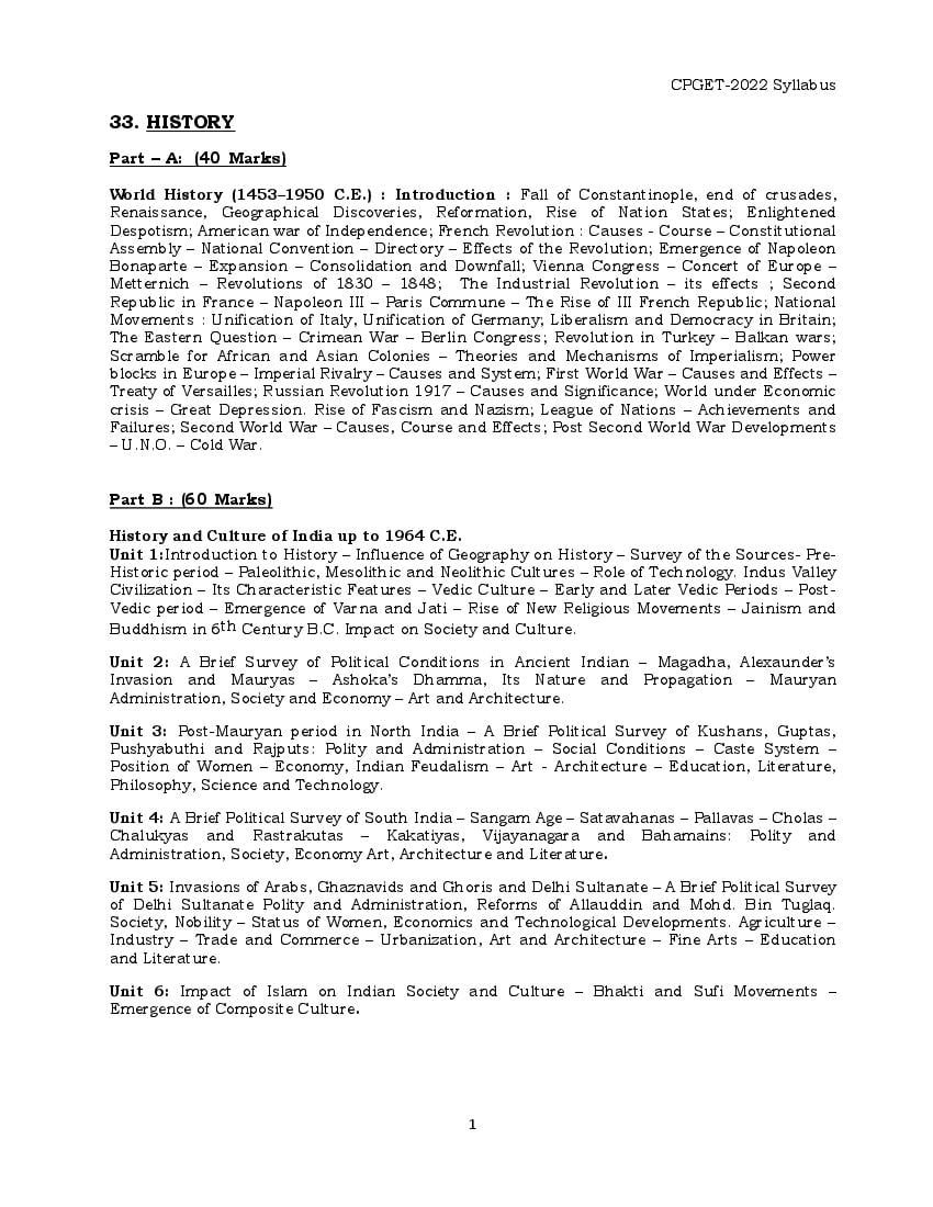 TS CPGET 2022 Syllabus MA History - Page 1