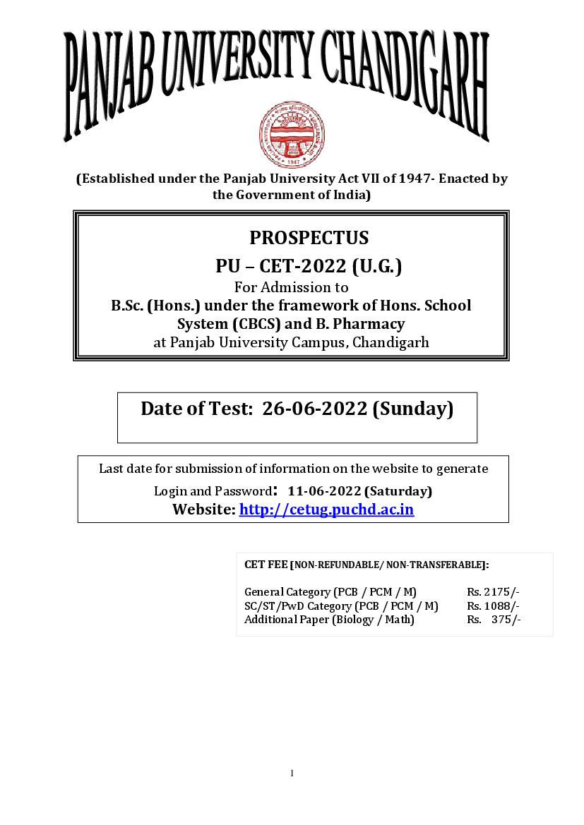 PU CET UG 2022 Prospectus - Page 1