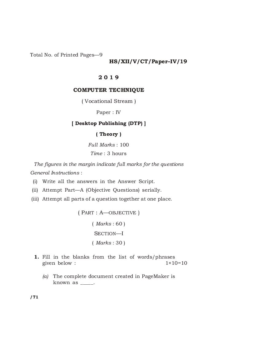 MBOSE Class 10 Question Paper 2019 for Computer Technique Paper IV - Page 1 of 9