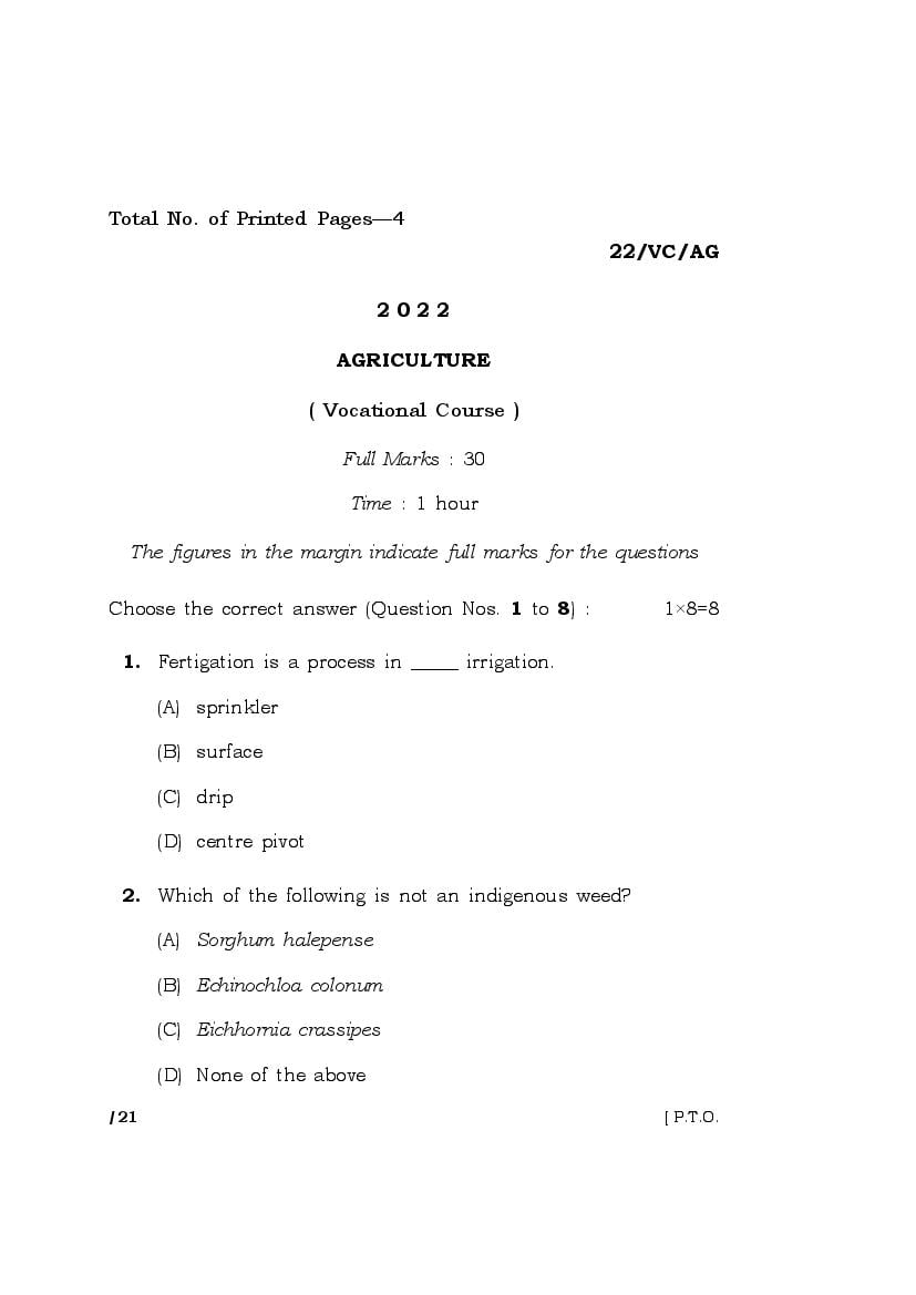 MBOSE Class 10 Question Paper 2022 for Agriculture - Page 1