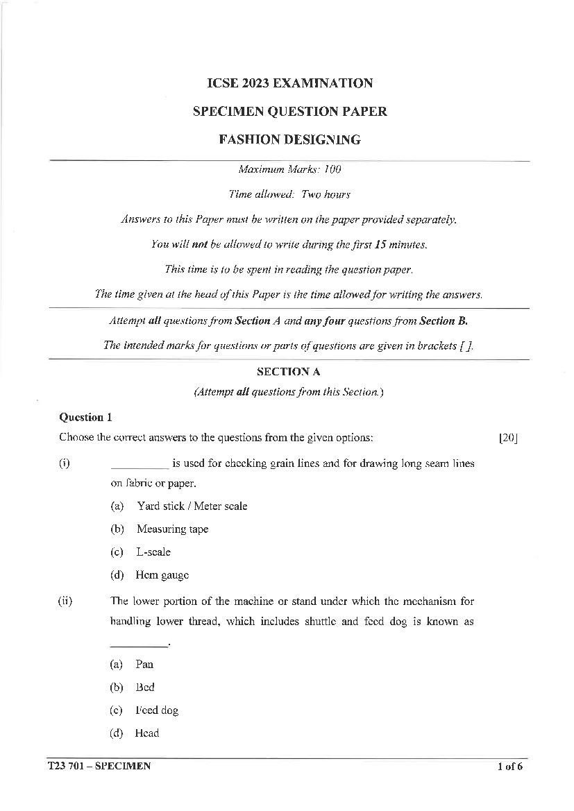 ICSE Class 10 Sample Paper 2023 Fashion Designing - Page 1