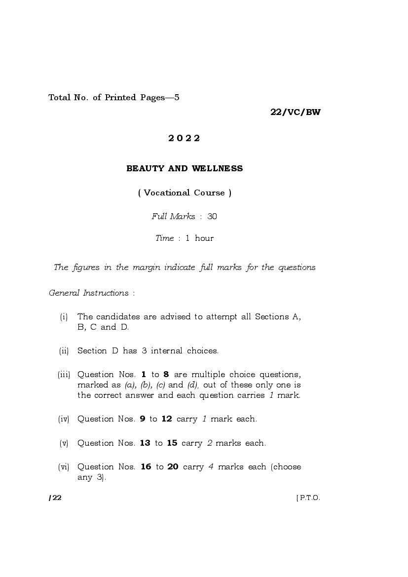 MBOSE Class 10 Question Paper 2022 for Beauty and Wellness - Page 1