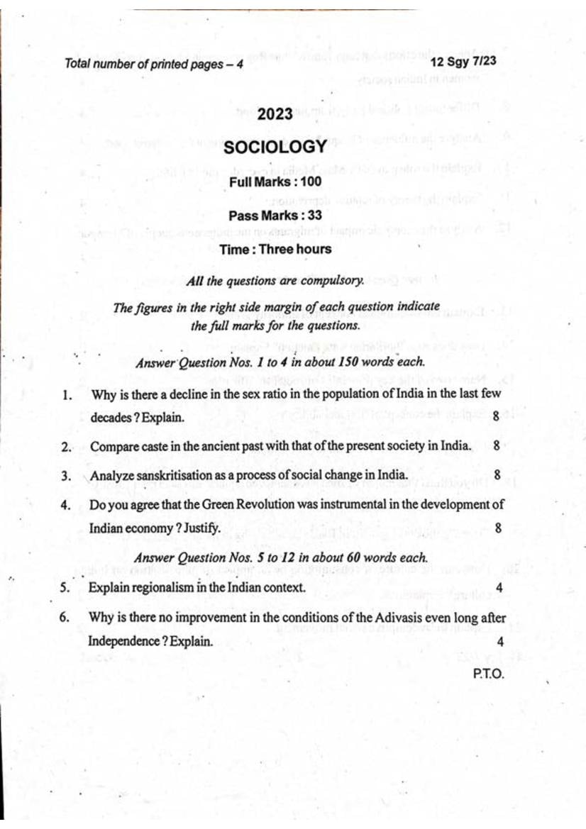 Manipur Board Class 12 Question Paper 2023 for Sociology - Page 1