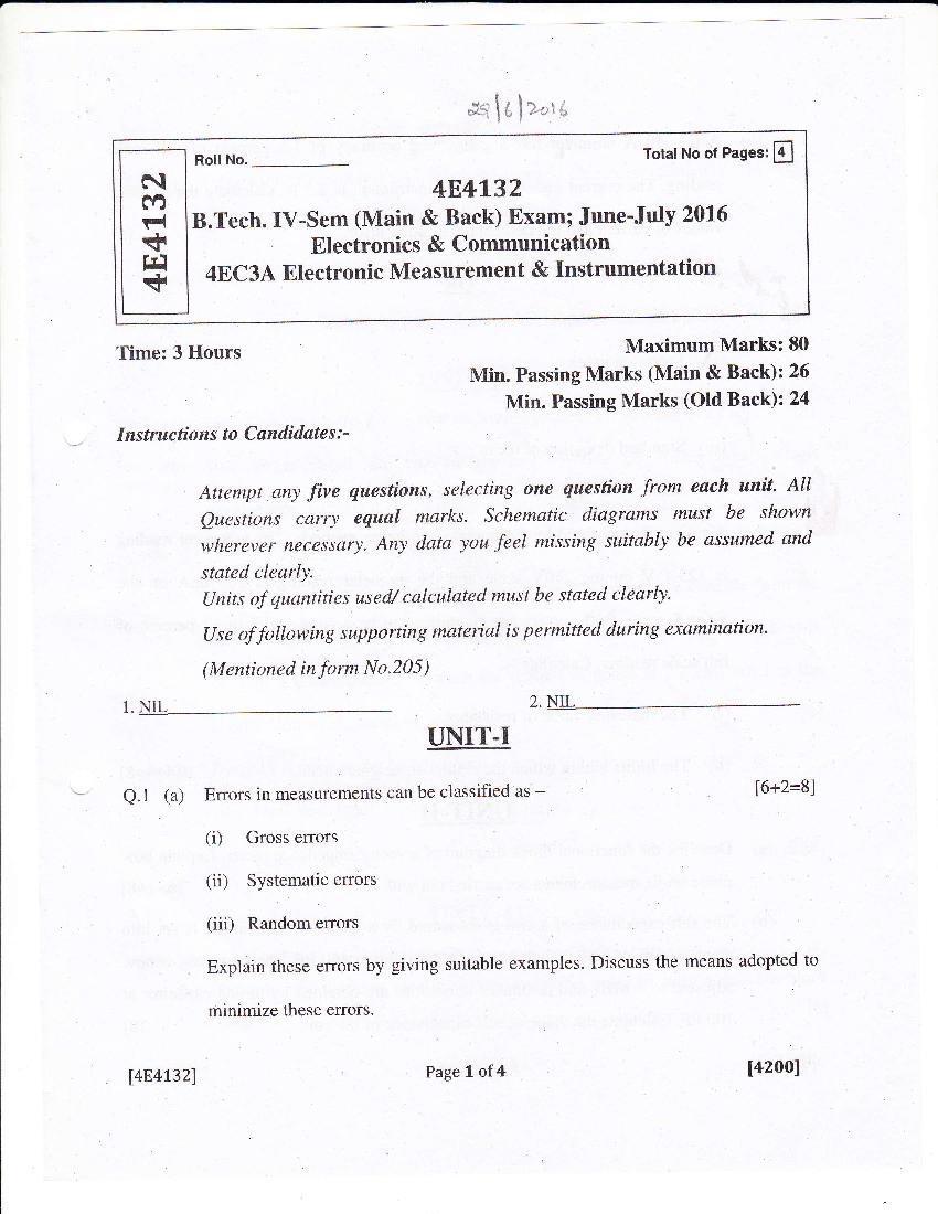 RTU 2016 Question Paper Semester IV Electronics and Communication Engineering Electronic Measurement & Instrumentation - Page 1