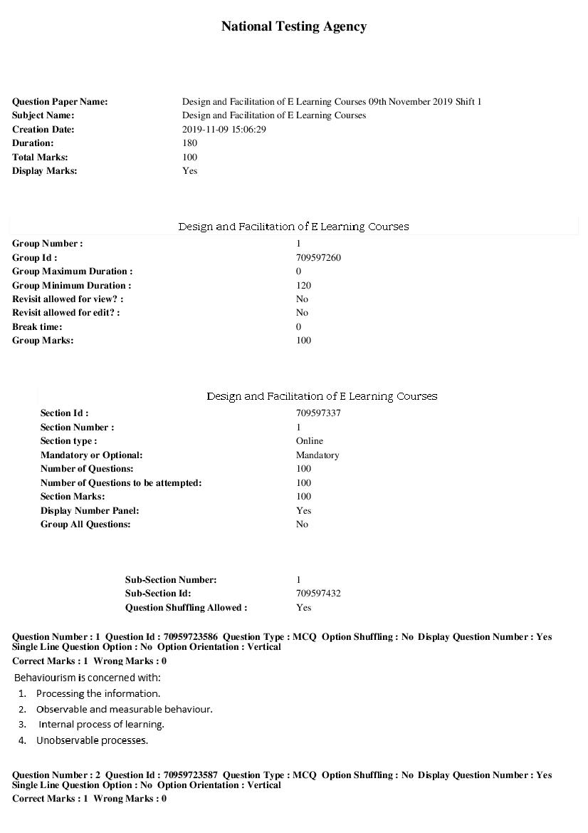 SWAYAM 2019 Question Paper Design and Facilitation of E Learning Courses - Page 1 of 20