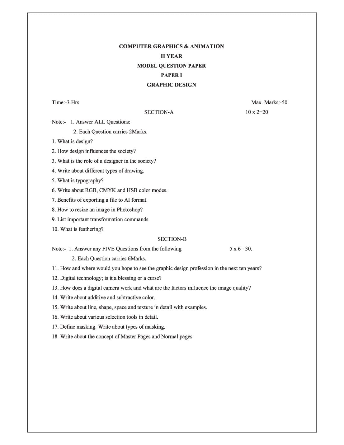 AP Class 12 Model Paper 2027 Computer Graphics & Animation - Page 1 of 3