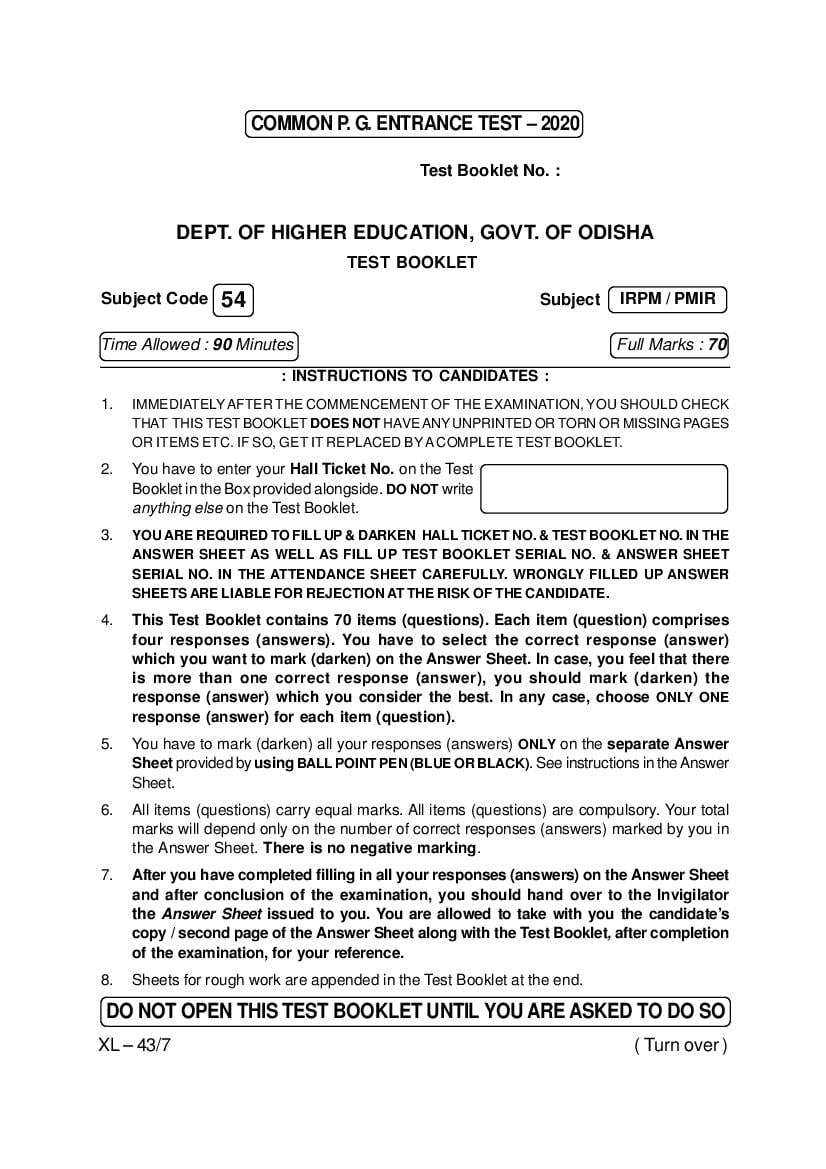 Odisha CPET 2020 Question Paper IRPM PMIR - Page 1