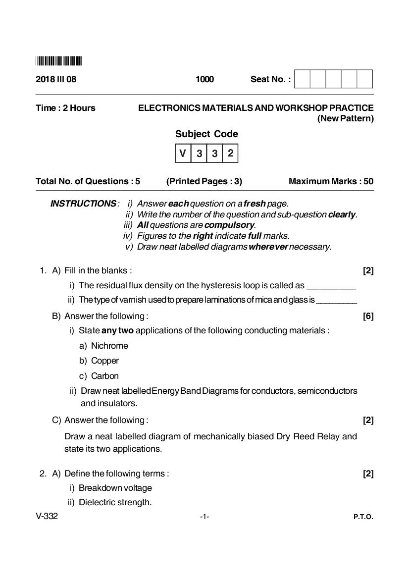 Goa Board Class 12 Question Paper Mar 2018 Electronic Material _ Workshop Practice _New Pattern_ - Page 1