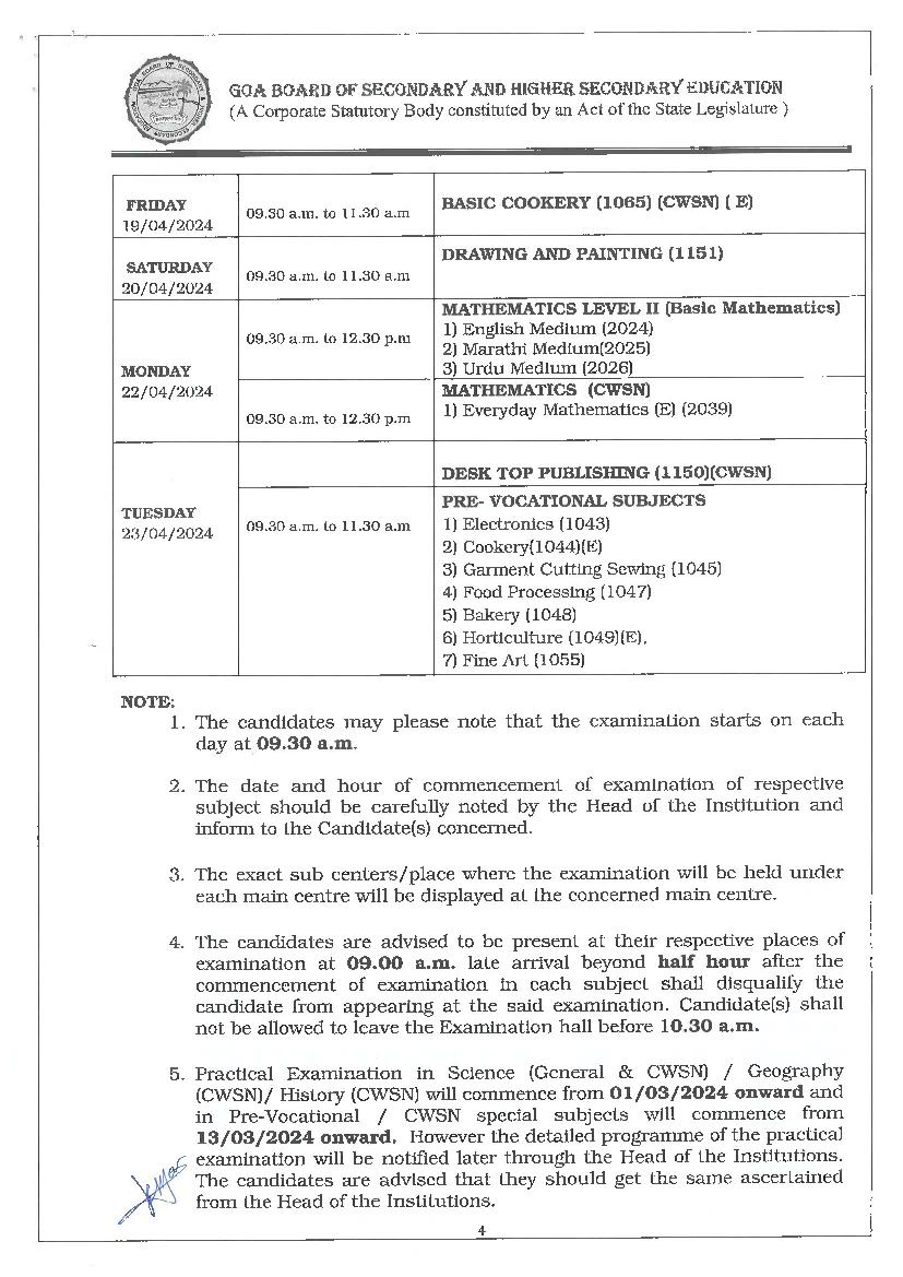 Goa SSC Time Table 2024 (PDF) [Revised] - Download GBSHSE Class 10th ...