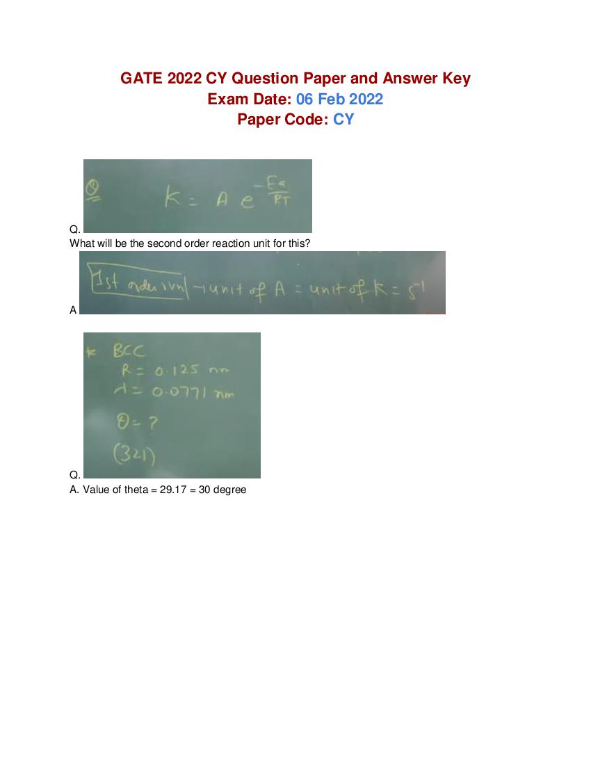 GATE 2022 Question Paper with Answers for CY