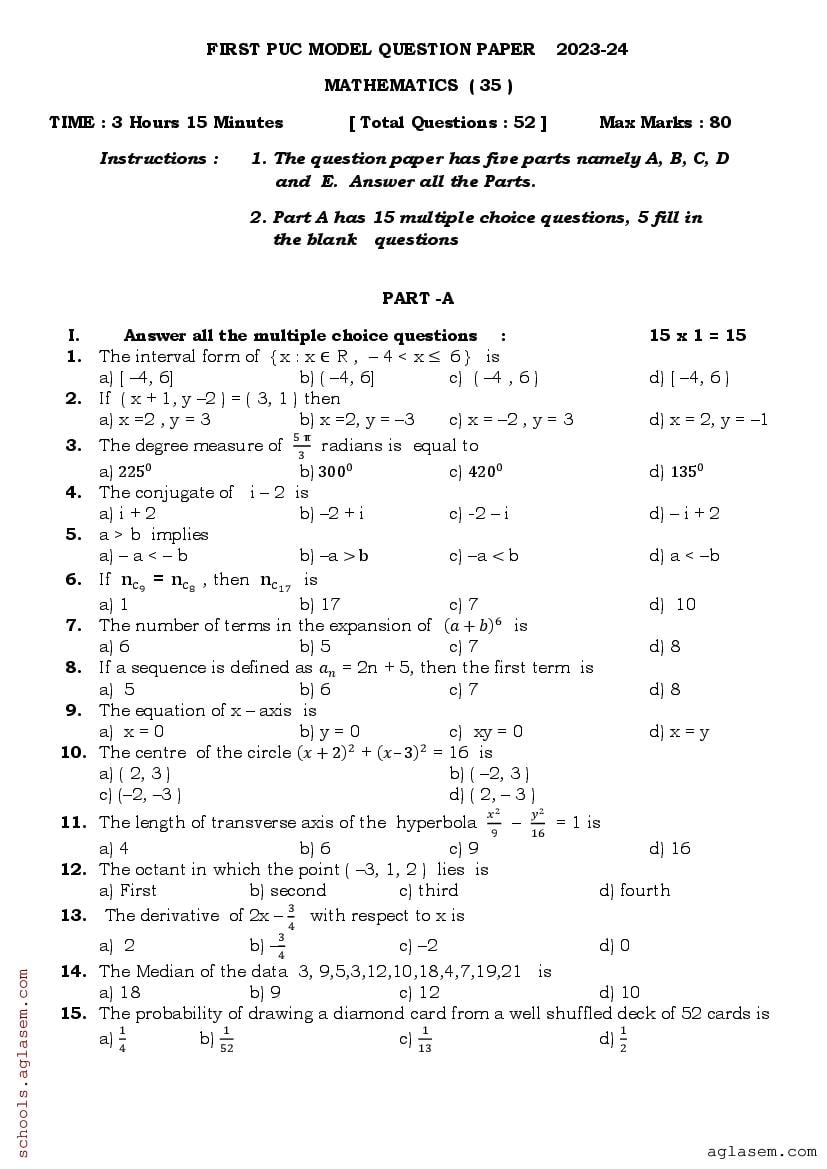 Karnataka 1st PUC Maths Model Paper 2024 PDF OneEdu24