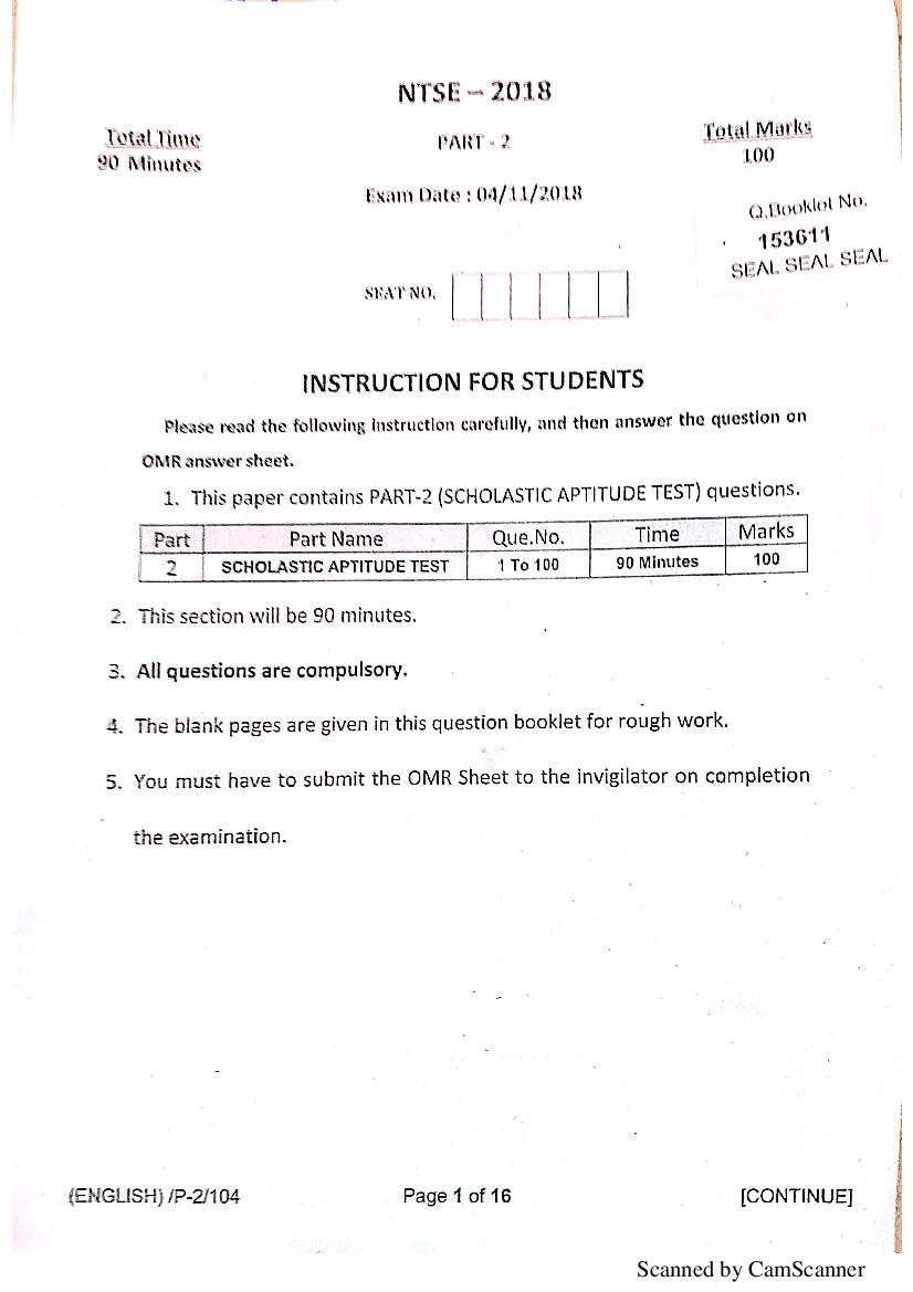 Gujarat NTSE 2018-19 Question Paper (SAT) - Page 1 of 14