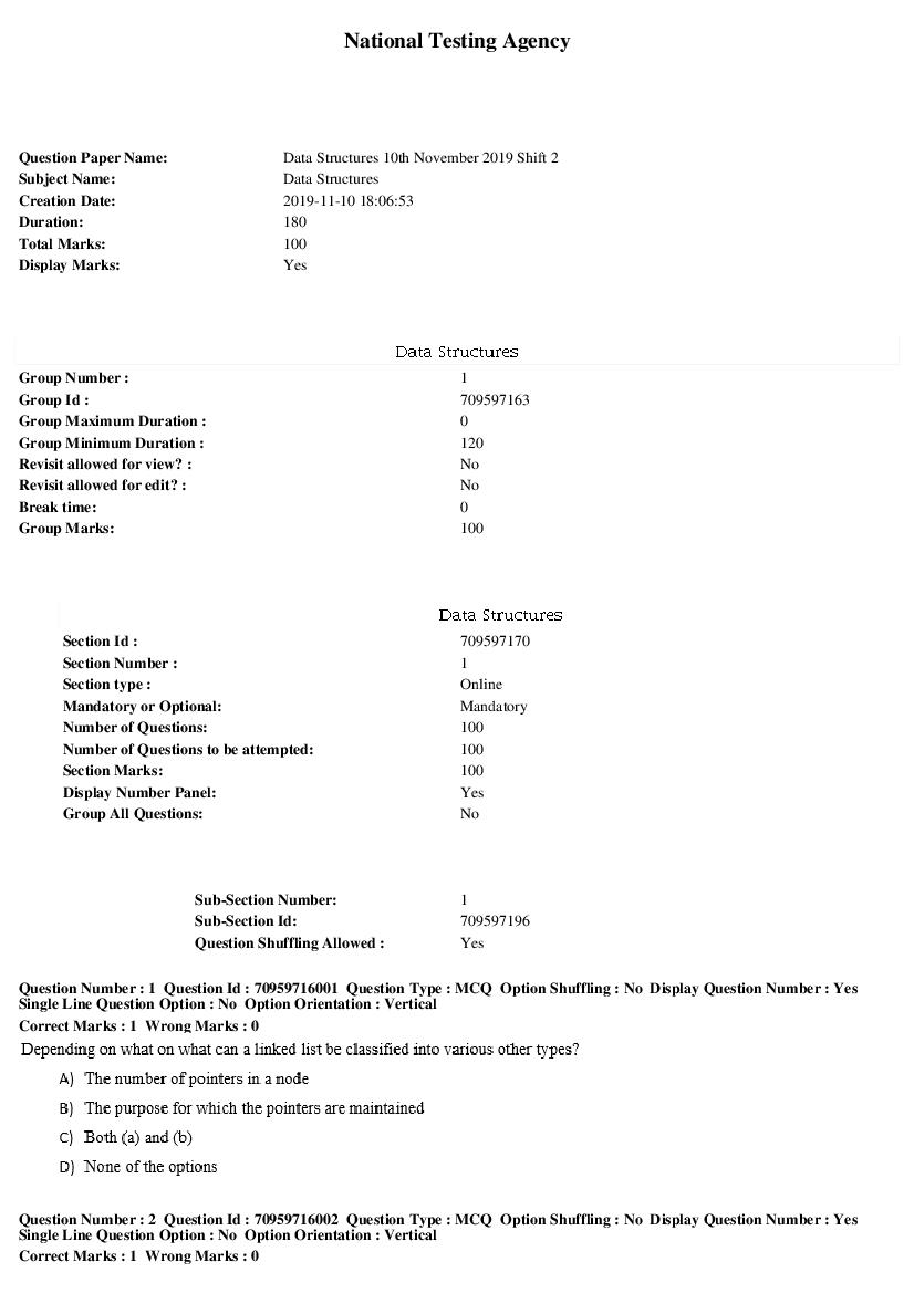 SWAYAM 2019 Question Paper Data Structures Shift 2 - Page 1 of 29