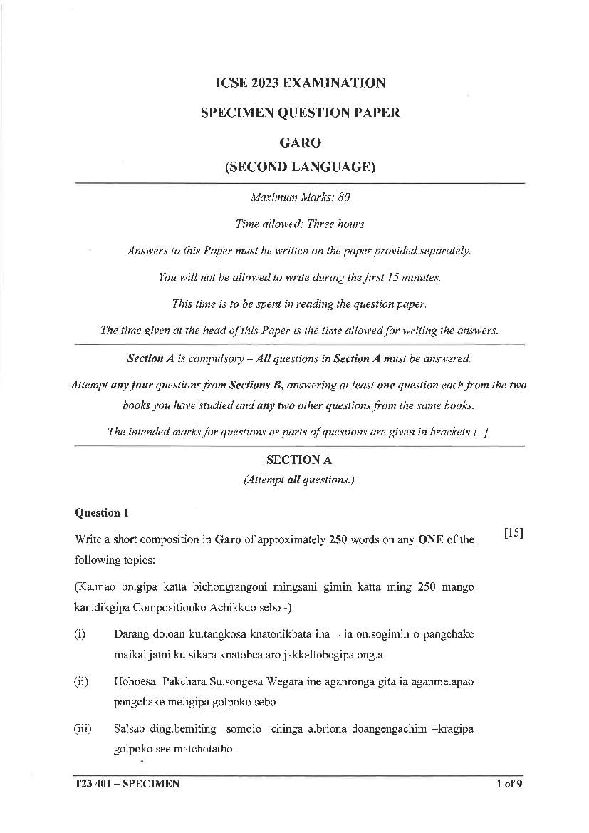 ICSE Class 10 Sample Paper 2023 Garo - Page 1