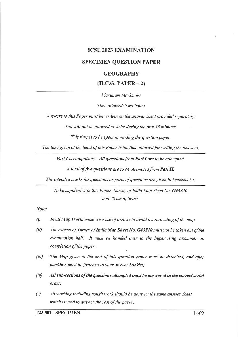 Specimen Paper For Icse 2024 Geography Image To U