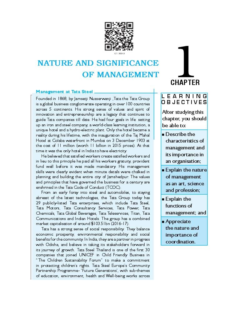 NCERT Book Class 12 Business Studies Chapter 1 Nature and Significance of Management - Page 1