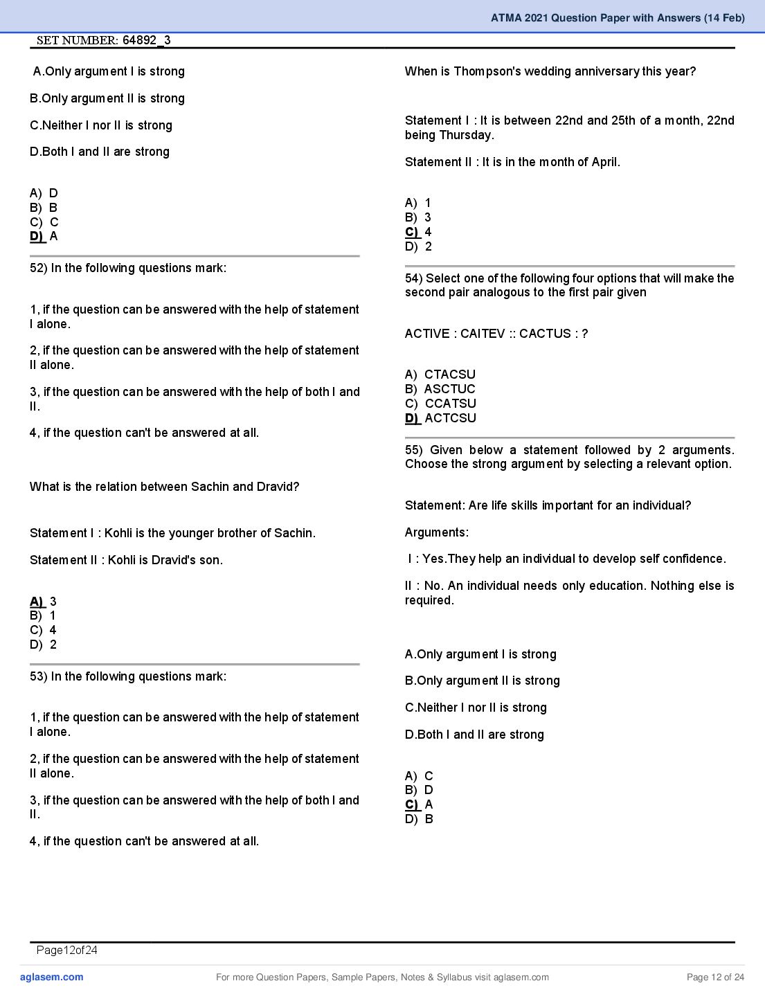 ATMA 2021 Question Papers PDF with Answers (4 Sessions)