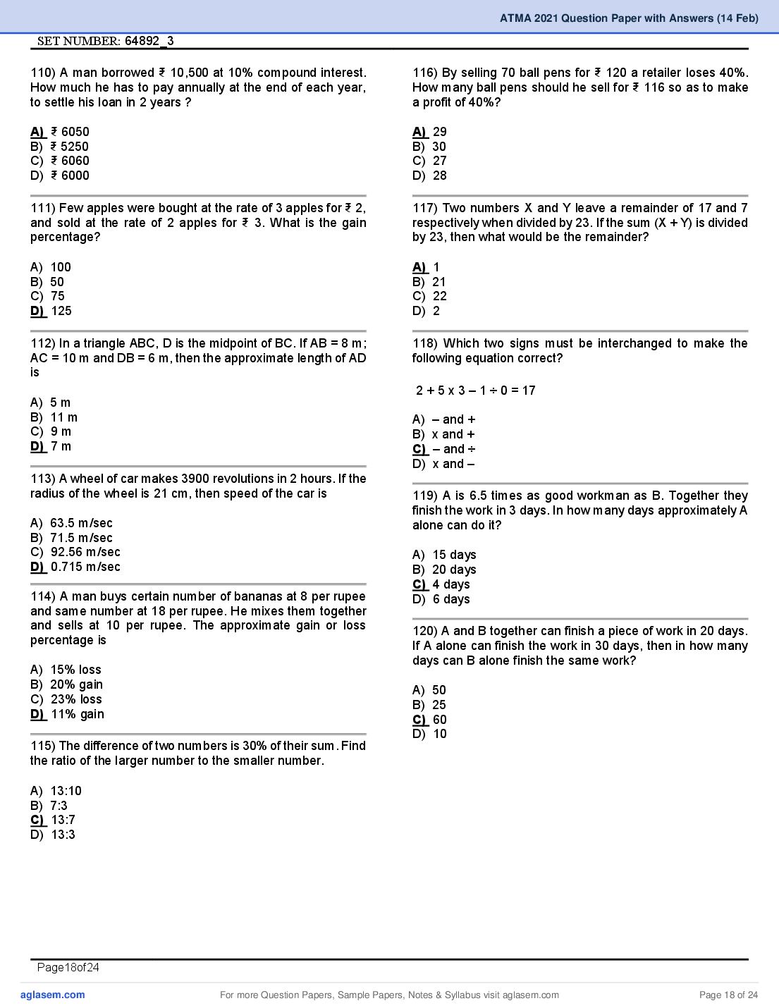 ATMA 2021 Question Papers PDF with Answers (4 Sessions)