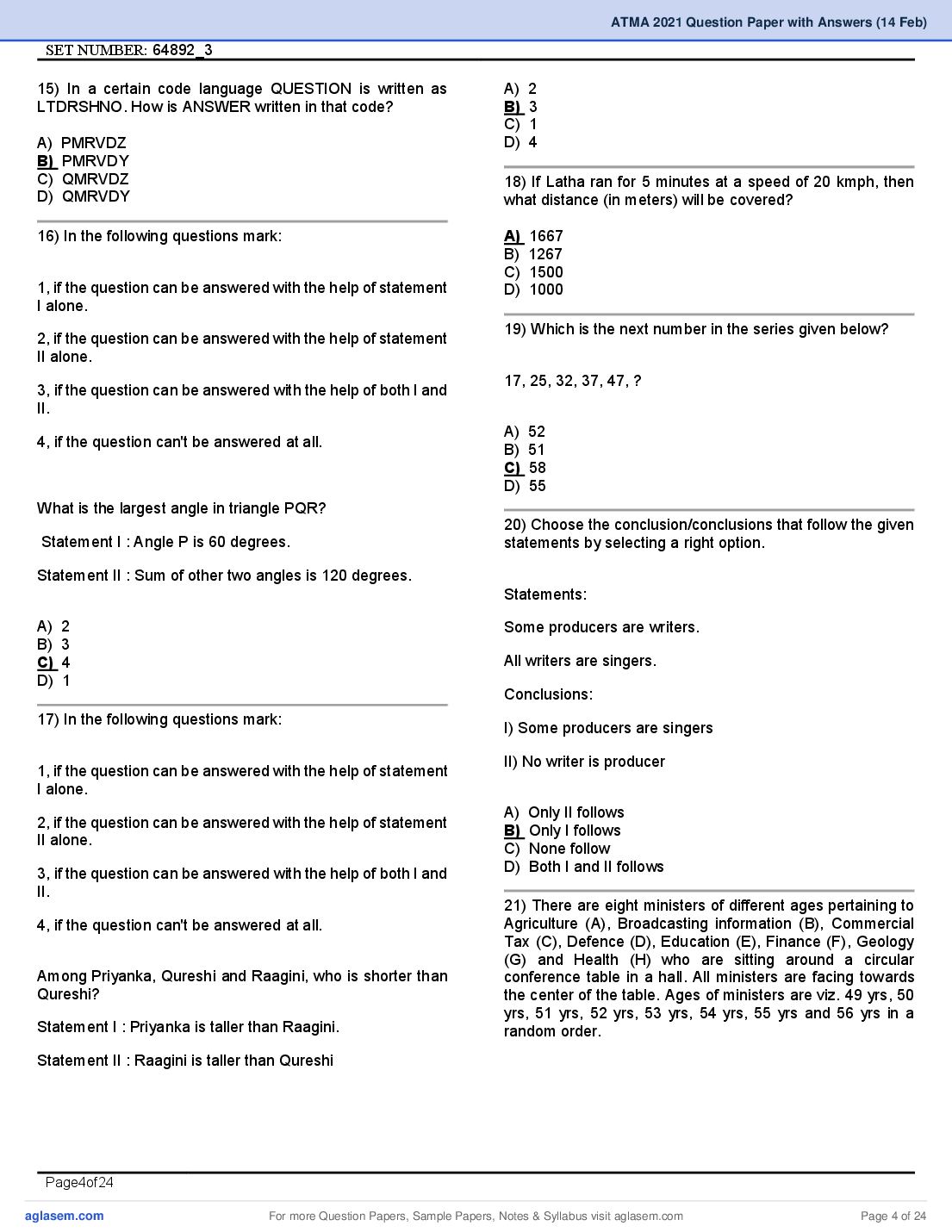 ATMA 2021 Question Papers PDF with Answers (4 Sessions)