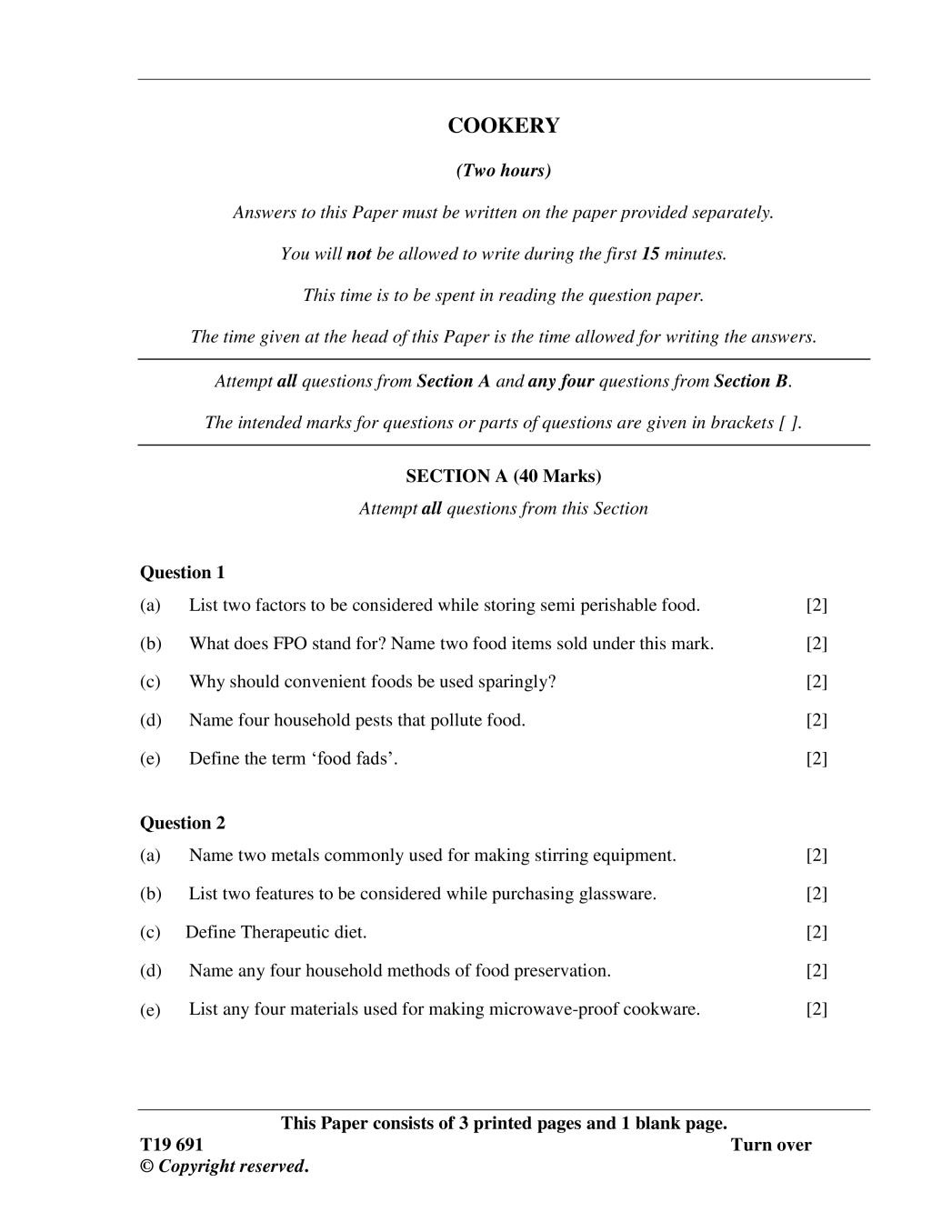 ICSE Class 10 Question Paper 2019 for Cookery  - Page 1