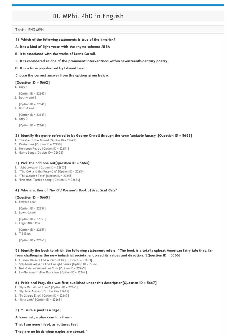 DUET 2021 Question Paper M.Phil Ph.D in English - Page 1