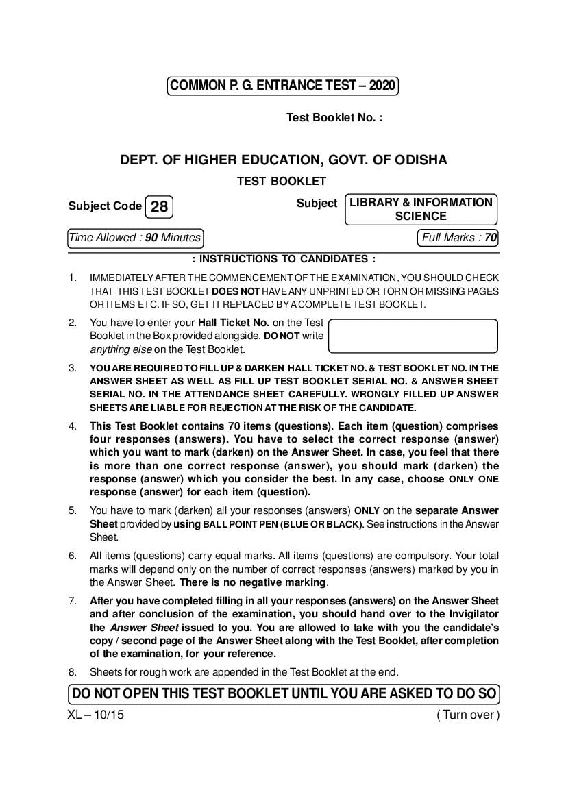 Odisha CPET 2020 Question Paper Library Information Science - Page 1