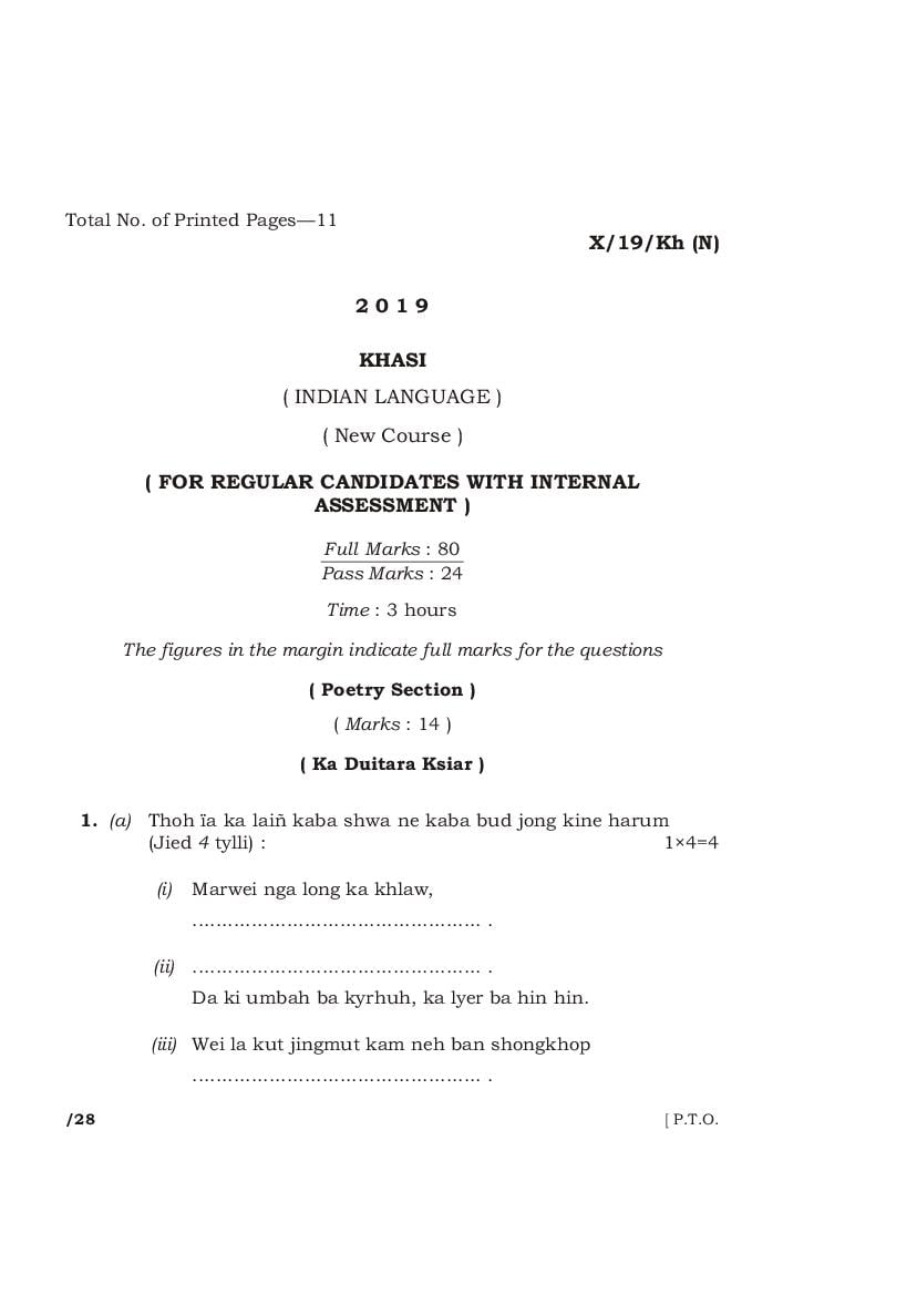 MBOSE Class 10 Question Paper 2019 for Khasi New Course - Page 1