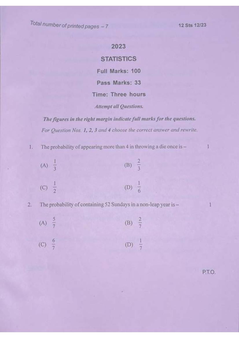 Manipur Board Class 12 Question Paper 2023 for Statistics - Page 1