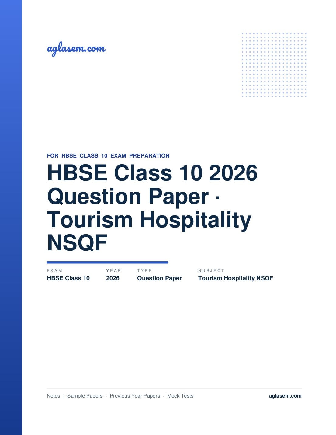HBSE Class 10 Question Paper 2026 Tourism and Hospitality NSQF - Page 1 of 9