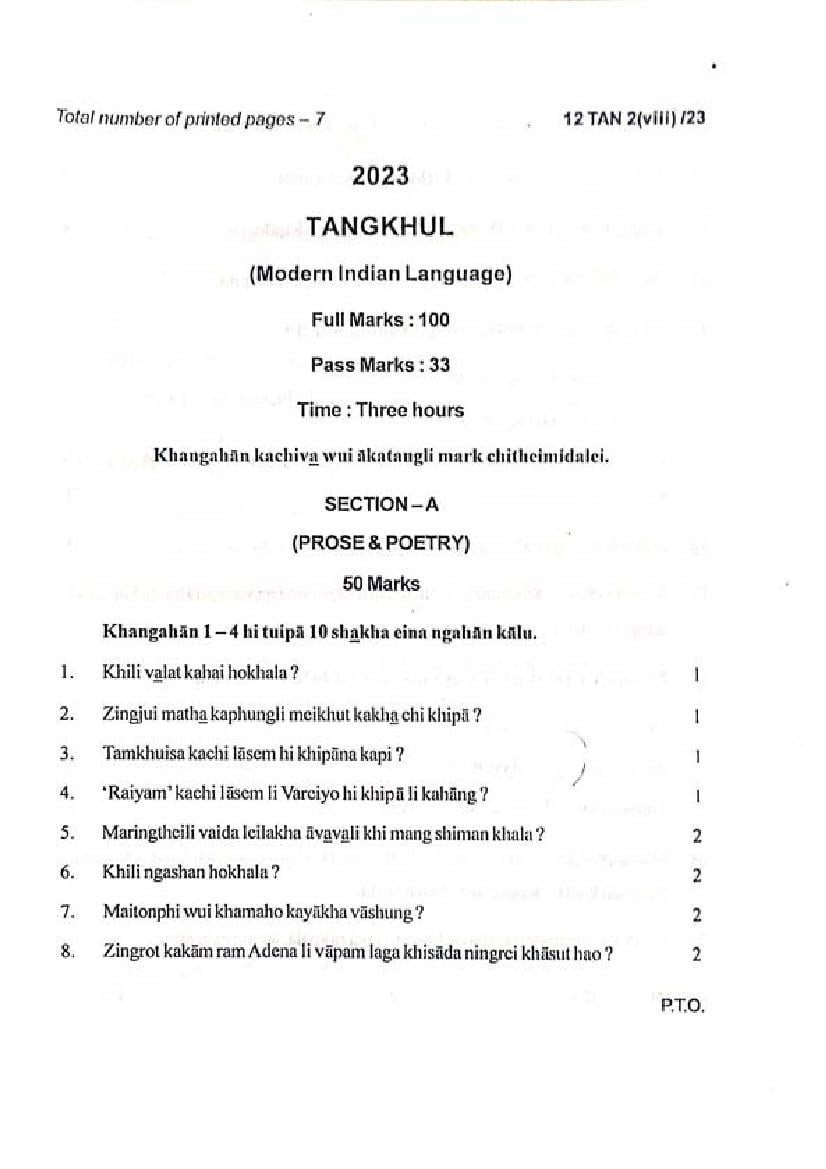 Manipur Board Class 12 Question Paper 2023 for Tangkhul - Page 1
