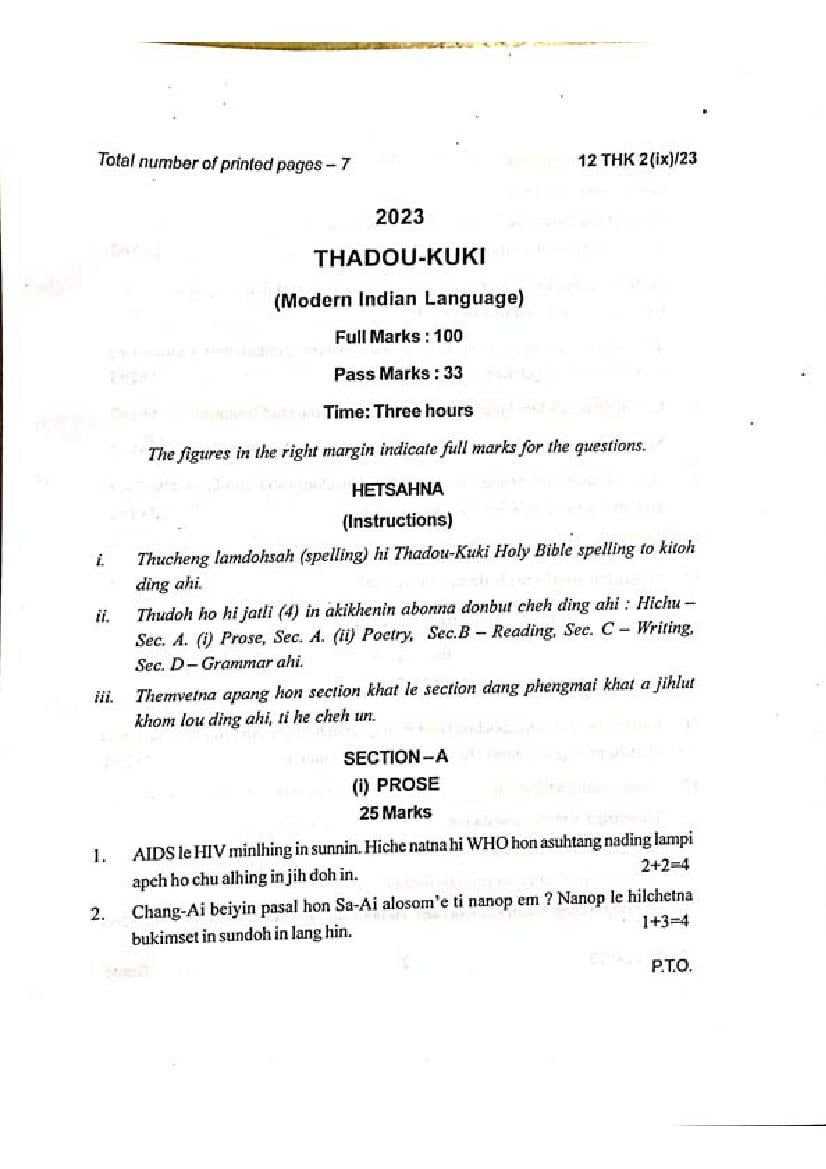 Manipur Board Class 12 Question Paper 2023 for Thadou - Page 1