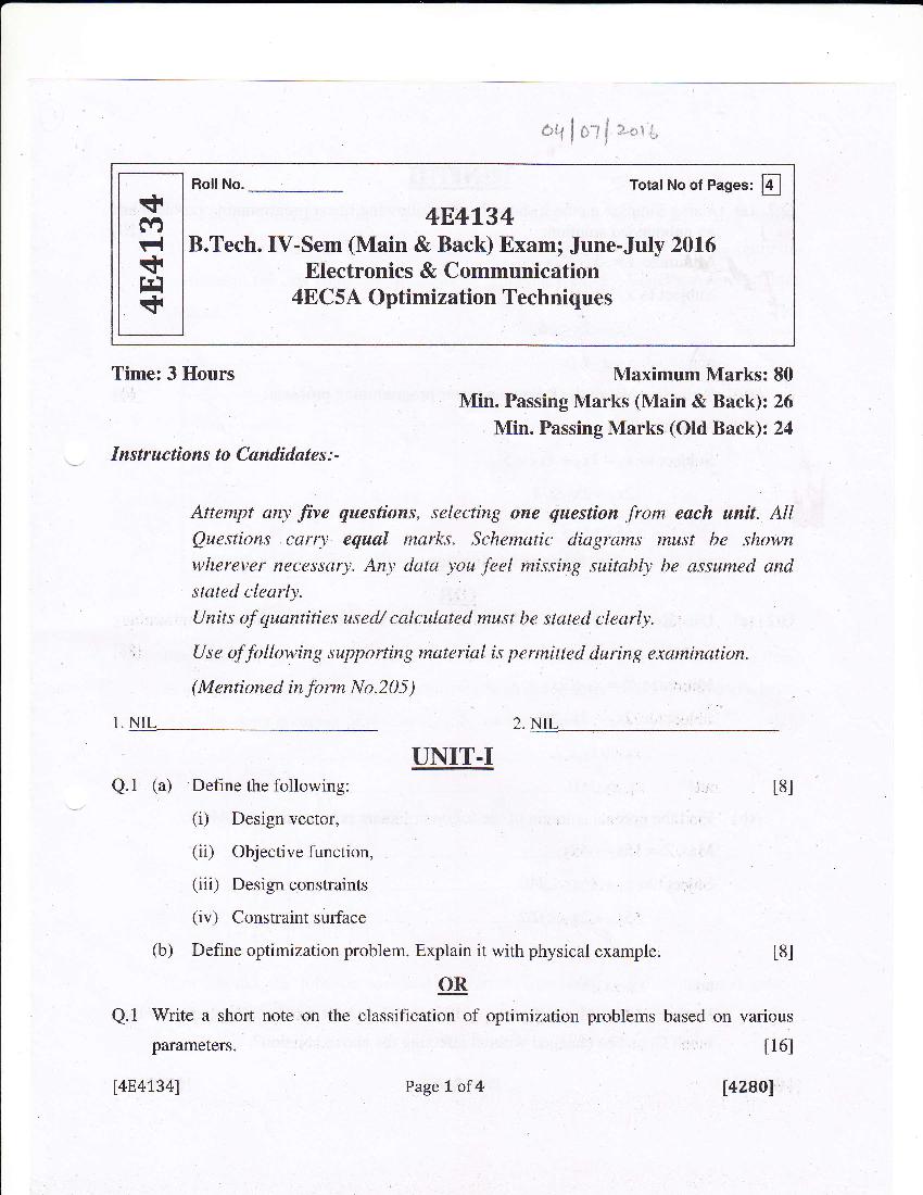 RTU 2016 Question Paper Semester IV Electronics and Communication Engineering Optimization Techniques - Page 1